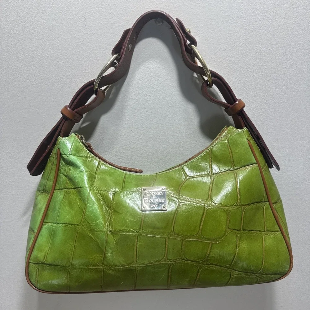 Vintage Dooney & Bourke Green Crocodile Embossed Medium Hobo Bag Purse J599095